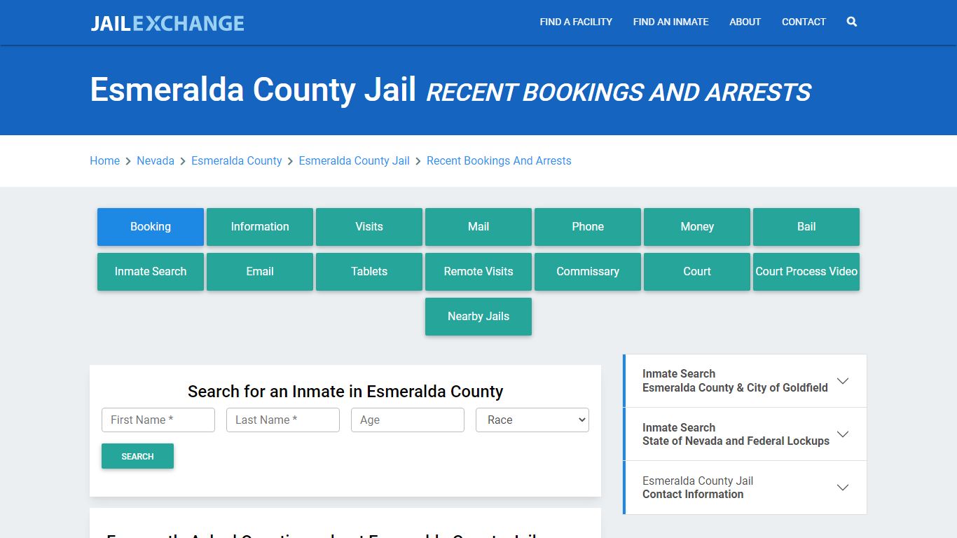 Esmeralda County Jail Recent Bookings And Arrests - Jail Exchange